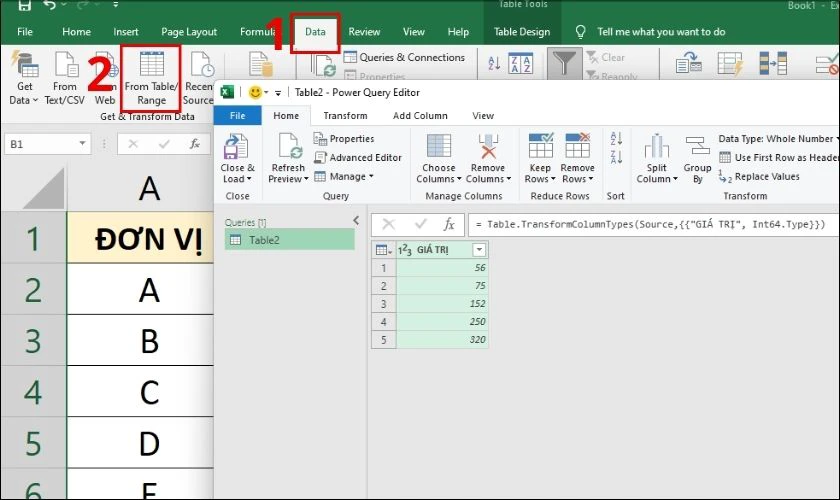 Lọc dữ liệu trên Excel để tính toán giá trị bậc 2 trong bảng tính