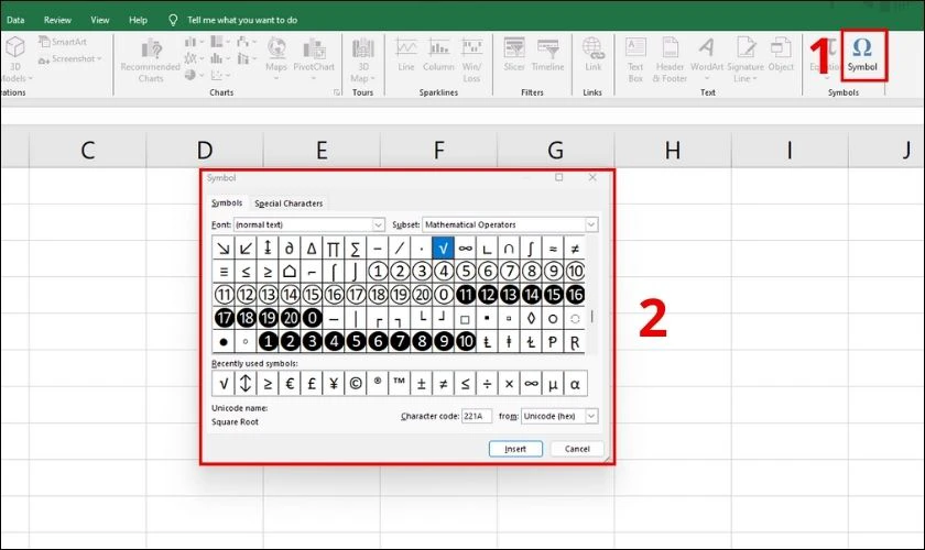 Cách thêm dấu căn bậc hai trong Excel bằng biểu tượng trong Symbol