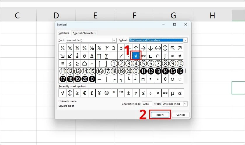 Tìm kiếm biểu tượng căn bậc 2 trong bảng Symbol