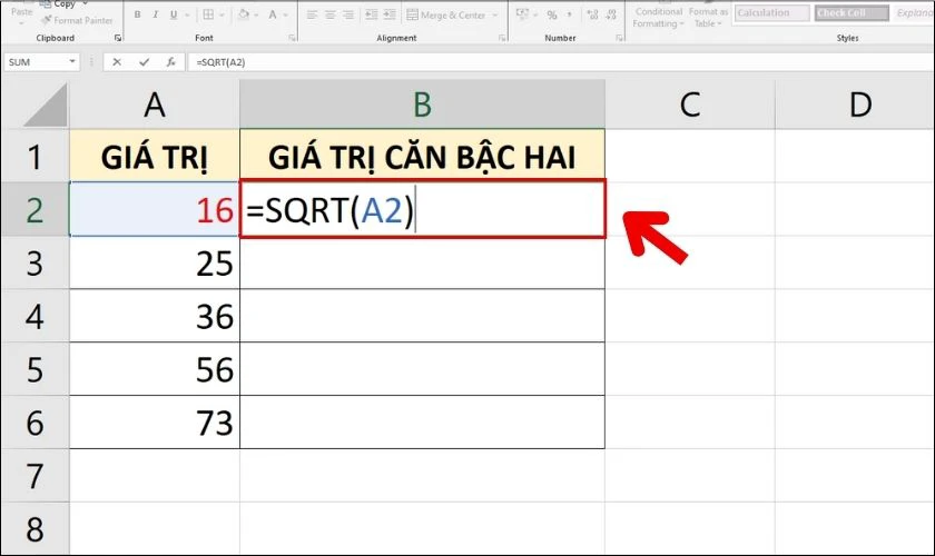 Ví dụ minh họa cách dùng SQRT căn bậc hai