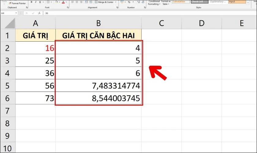 Kết quả sau khi tính giá trị căn bậc hai trong bảng tính