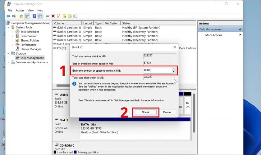 Nhập dung lượng ổ cứng cần chia vào mục Enter the amount of space to shrink in MB