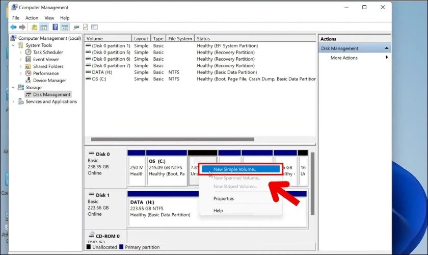 Nhấn chuột phải chọn New Simple Volume