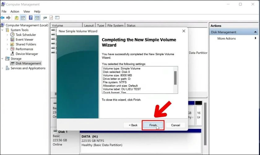 Nhấn chọn Finish để kết thúc quá trình thực hiện chia ổ đĩa trên Win 11 
