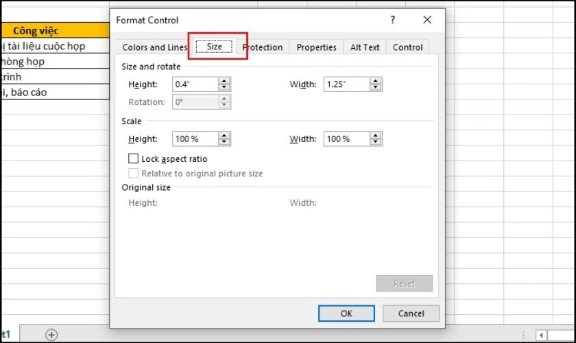 Thay đổi kích thước của ô vuông có dấu tích được tạo trong Excel