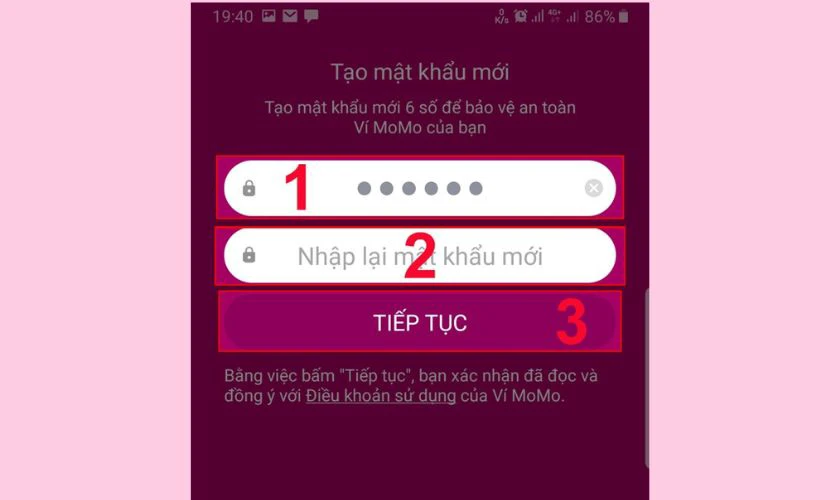 Thiết lập mật khẩu và chọn Tiếp tục