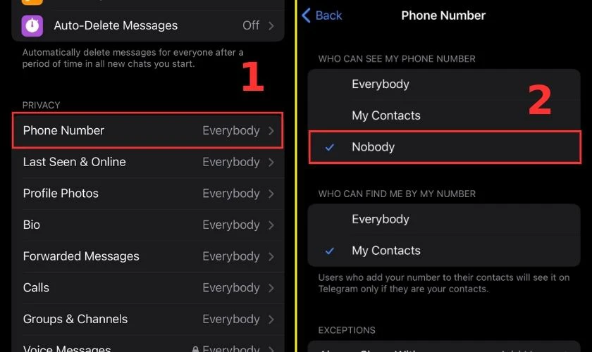 Chọn Nobody ở mục WHO CAN SEE MY PHONE NUMBER