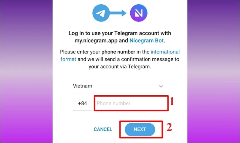 Nhập số điện thoại đăng ký Telegram của bạn và nhấn chọn Next