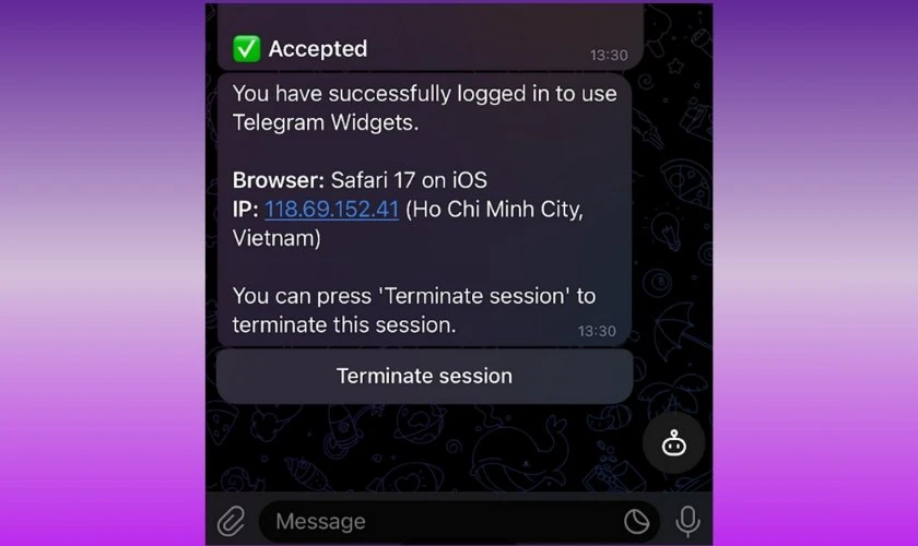 Telegram sẽ gửi đến một thông báo đăng nhập thành công