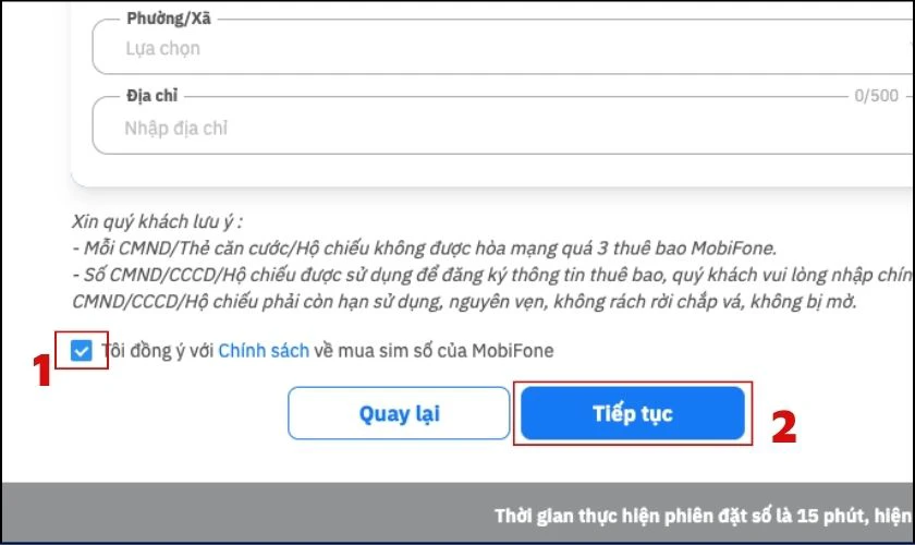 Bấm Tick chấp nhận các điều khoản và bấm Tiếp tục