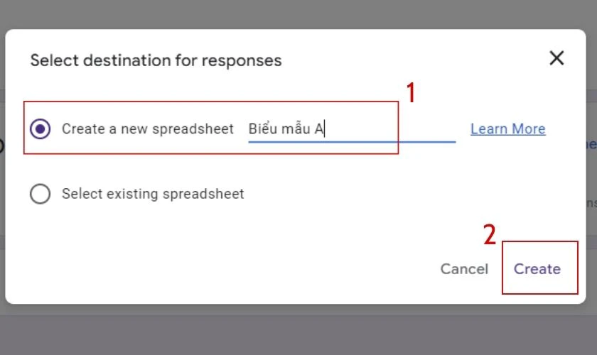 Nhấp lệnh Link to Sheet, chọn Create a new spreadsheet 