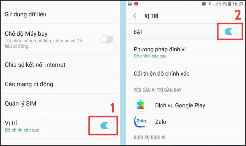 Bạn tùy chọn Bật hoặc Tắt trong Vị trí