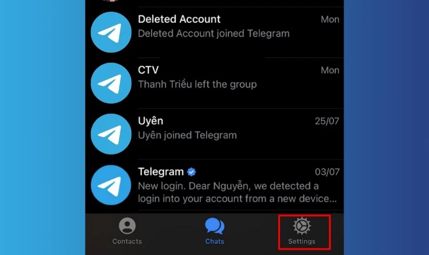 Chọn Settings trên ứng dụng Telegram