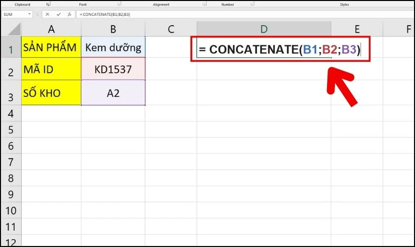 Dùng hàm CONCATENATE để nối dữ liệu trong một mảng qua chọn nhiều ô cùng lúc
