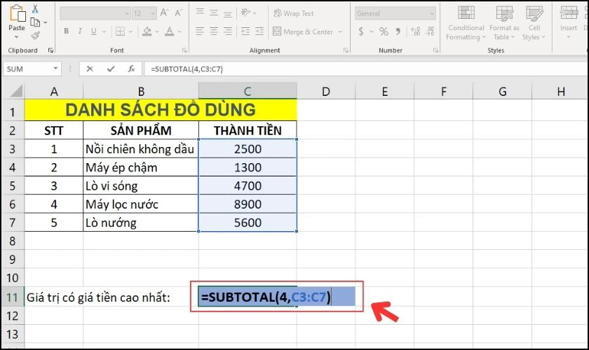 Tìm giá trị lớn nhất bằng hàm SUBTOTAL trong Excel 