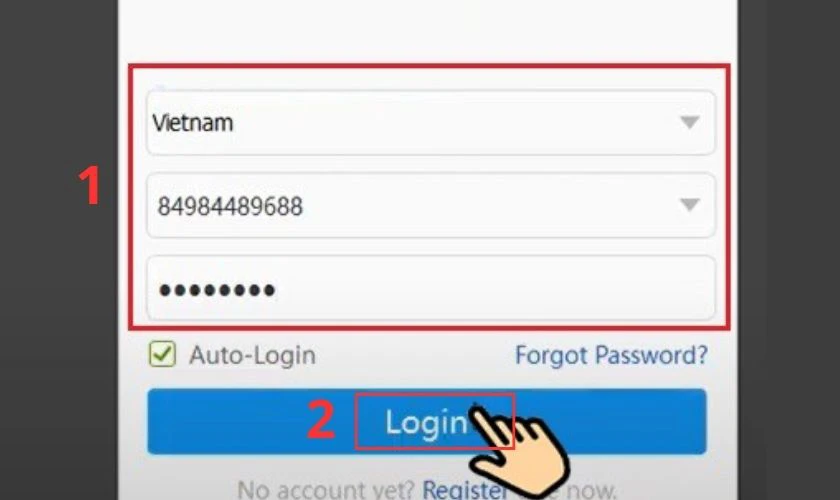 Bạn chọn Vietnam, nhập số điện thoại và mật khẩu rồi bấm Login