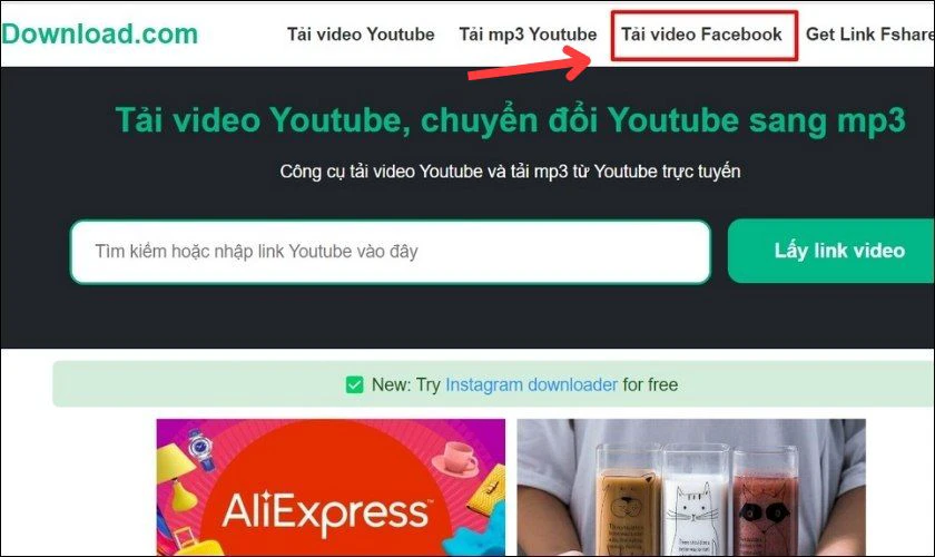 Chọn mục Tải video Facebook tại giao diện màn hình chính 