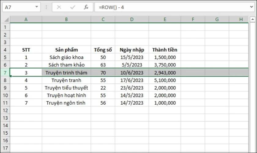 Kết quả sau khi thực hiện xóa hàng không làm ảnh hưởng đến các hàng khác