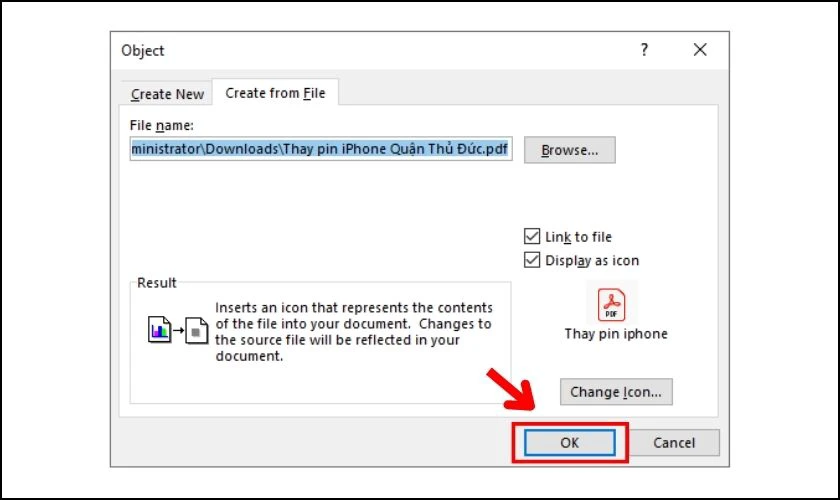 Nhấn Ok để chèn file PDF vào Word dạng liên kết