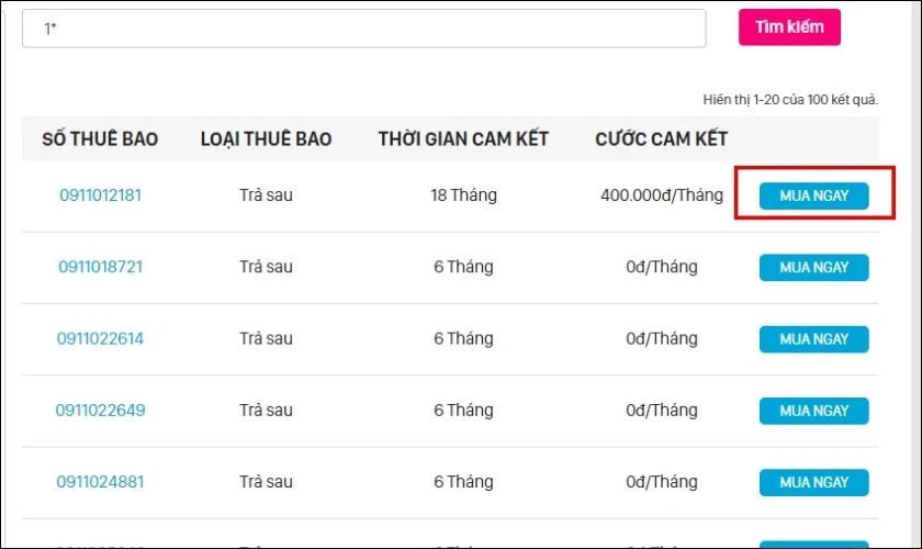 Bạn chọn số và nhấn Mua ngay