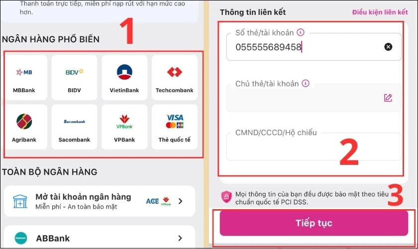 Chọn ngân hàng, nhập Số tài khoản và thông tin