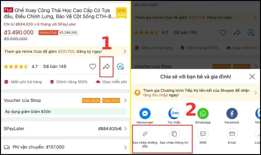 Tạo link sản phẩm làm Affiliate Shopee bằng nút Chia sẻ