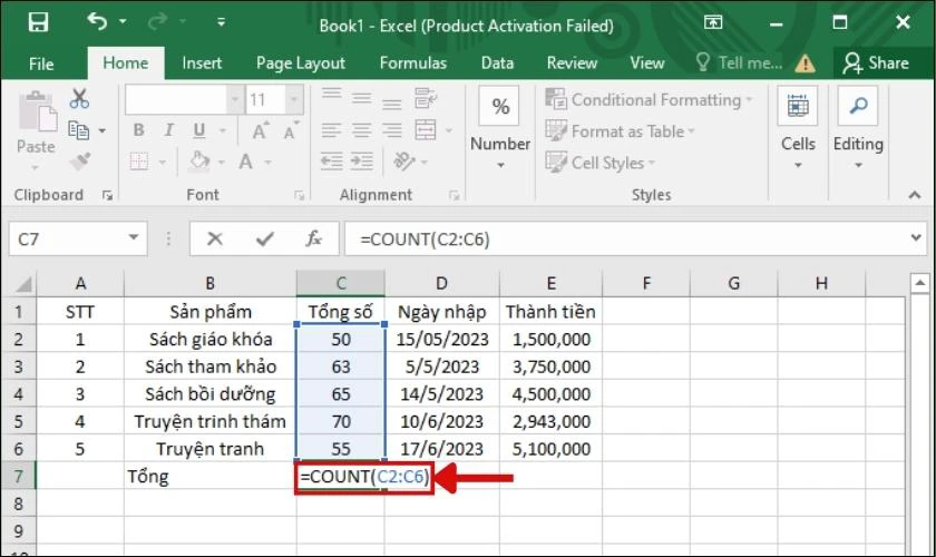 Nhập công thức tính hàm Count trong Excel