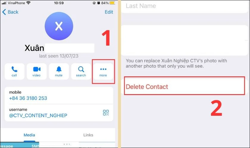 Nhấn vào ảnh hoặc tên người dùng, nhấn dấu ba chấm và chọn mục Delete contact