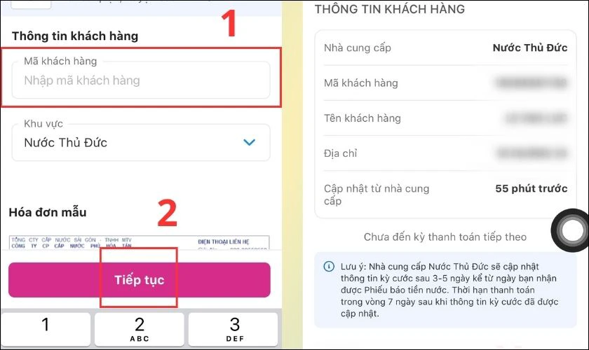 Nhập Mã khách hàng rồi nhấn vào Tiếp tục