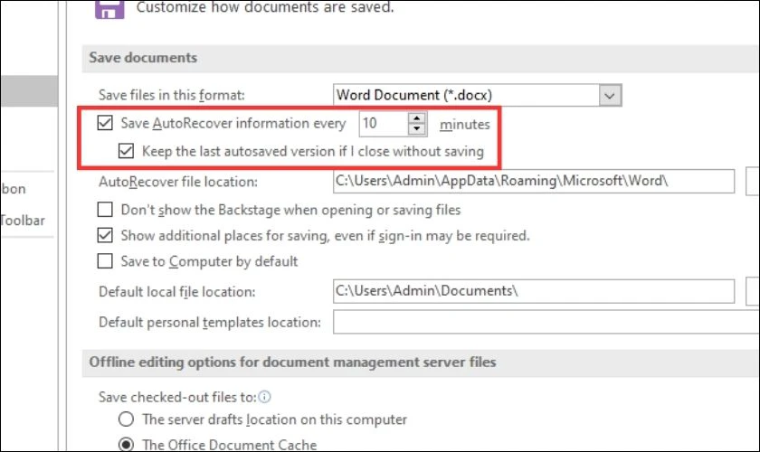 Tại đây bật tính năng Autosave và Auto Recover 