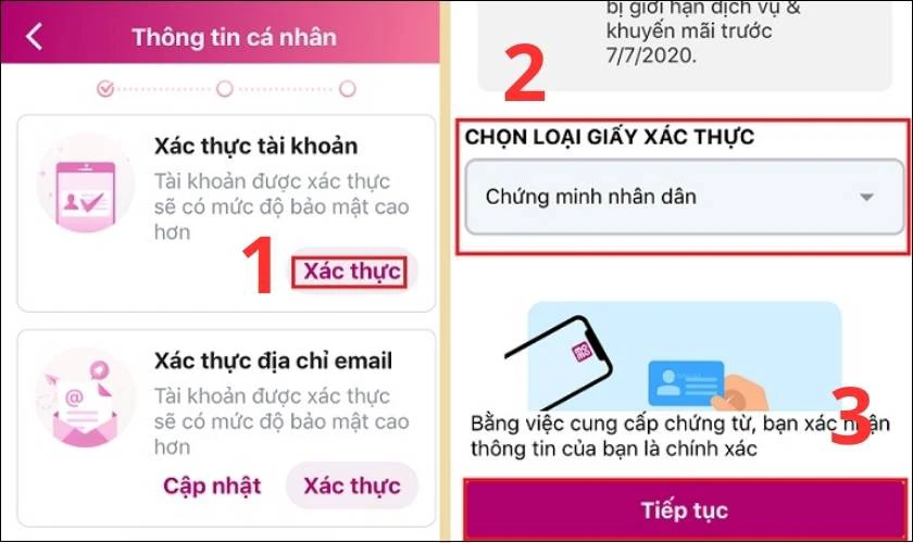 Tìm đến mục Xác thực tài khoản và chọn loại giấy tờ