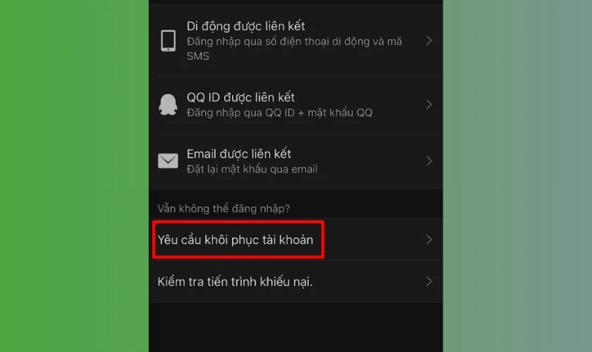 Nhấn chọn Yêu cầu khôi phục tài khoản