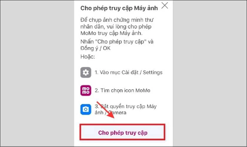 Cấp quyền cho phép MoMo truy cập vào Camera