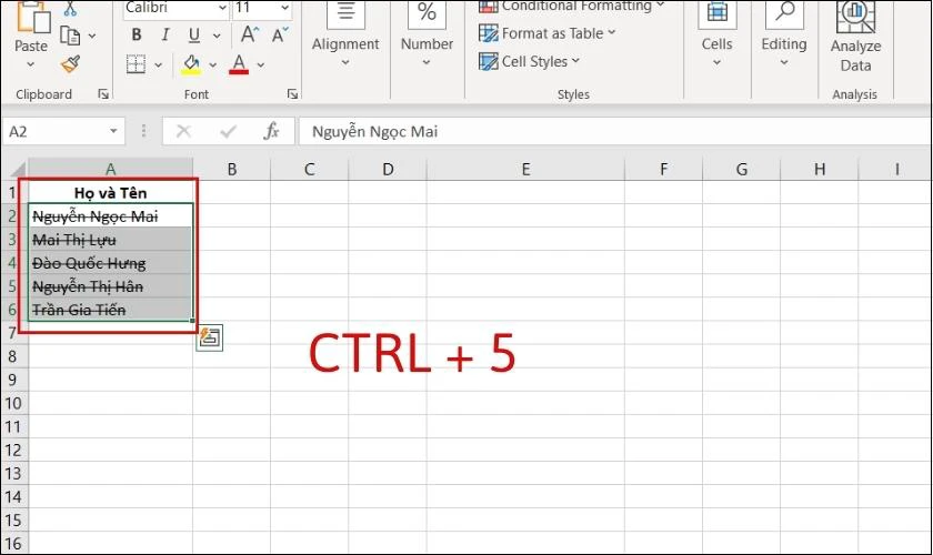 Tổ hợp phím gạch ngang chữ trong Excel 