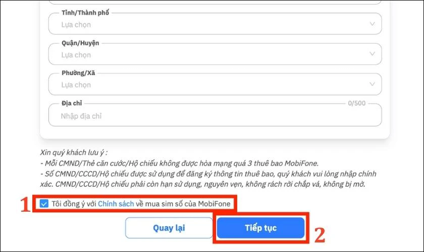 Tích vào ô Đồng ý với chính sách mua hàng của MobiFone