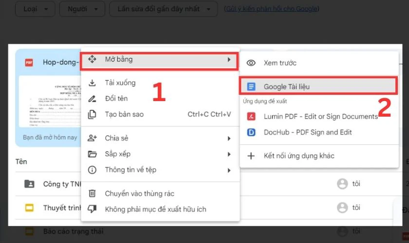 Thao tác chọn Mở bằng rồi chọn tiếp Google Tài liệu