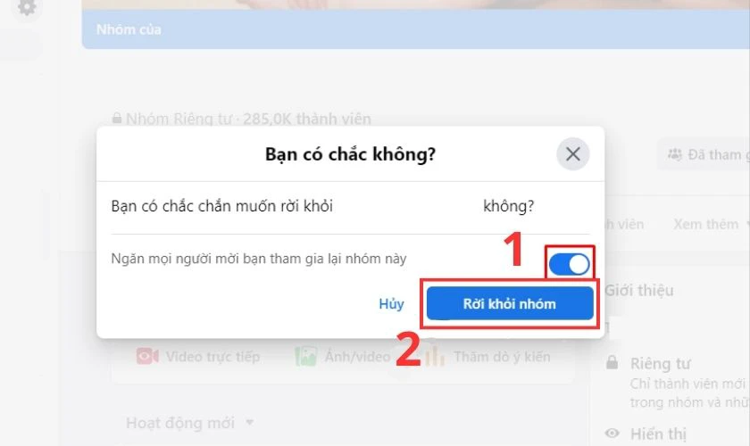 Bạn hãy gạt cho thanh tại dòng Ngăn mọi người mời bạn tham gia lại nhóm này chuyển xanh