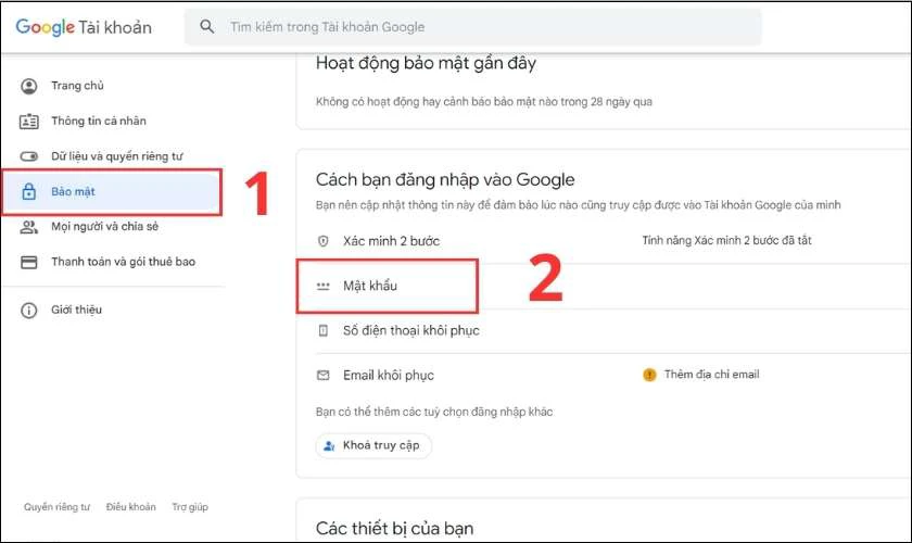 Chọn mục Bảo mật hoặc Security, cuộn xuống phần Cách bạn đăng nhập vào Google và tìm tới phần Mật khẩu