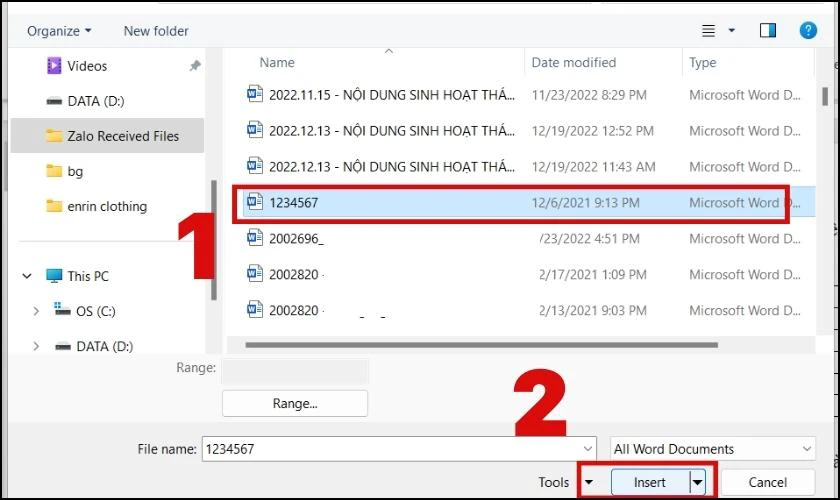 Chọn file Word cần ghép