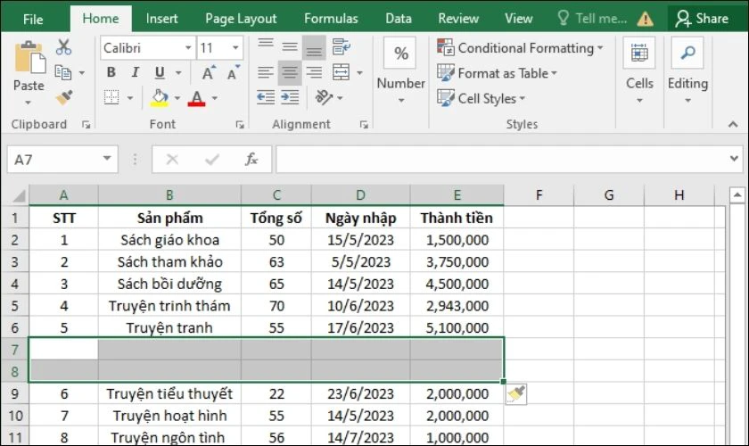 Hàng mới sẽ được insert dưới các vị trí đã chọn