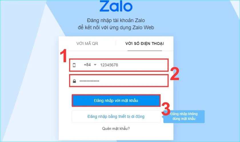Nhập số điện thoại và mật khẩu Zalo