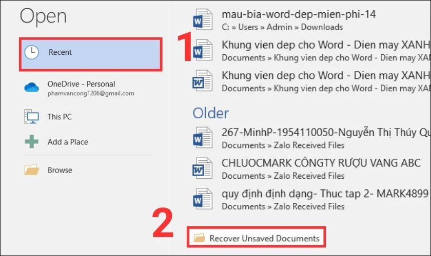 Cách lấy lại file Word chưa lưu tại mục  Recover Unsaved