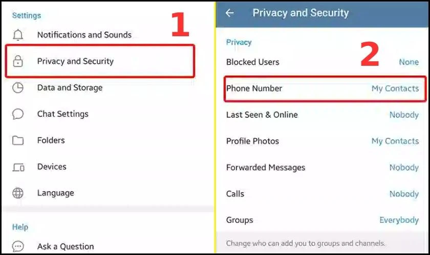 Chọn Privacy and Security, tiếp tục chọn Phone Number