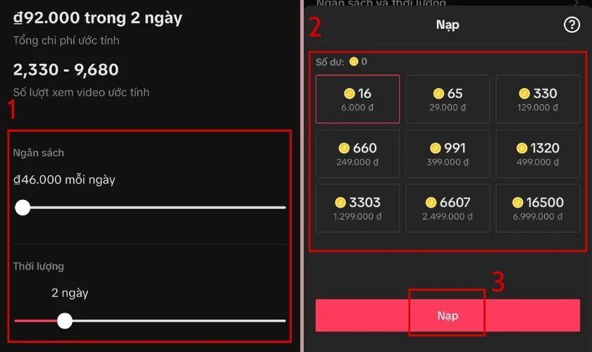 Điều chỉnh mục Ngân sách và Thời lượng, chọn gói muốn nạp và nhấn vào Nạp