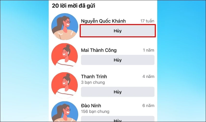 Chọn Hủy lời mời ở tài khoản mà bạn muốn