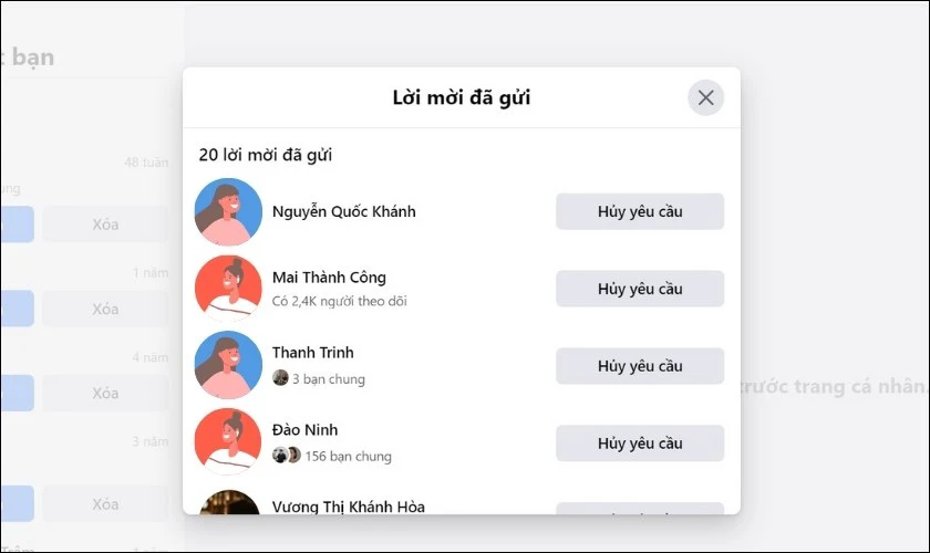 Toàn bộ lời mời kết bạn đã gửi trên Facebook sẽ hiển thị tại đây