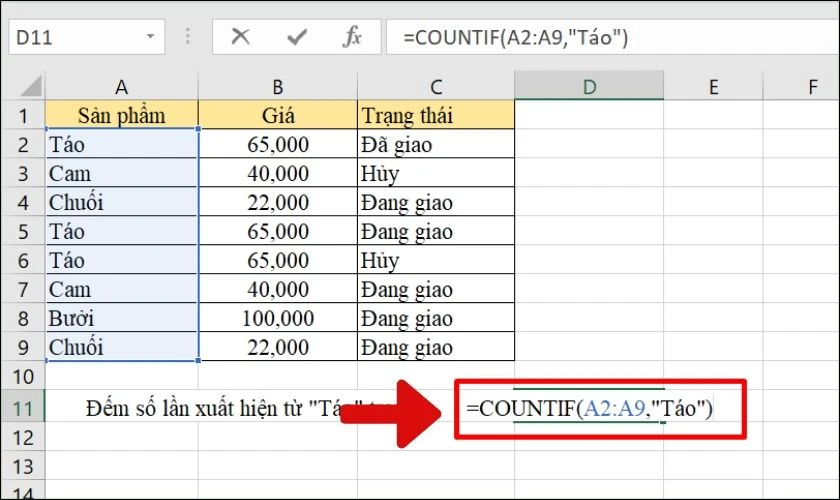 Sử dụng hàm COUNTIF để đếm theo giá trị text