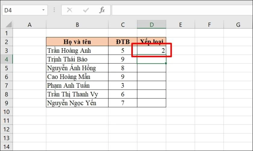 Kết quả trả về sau khi xếp hạng từ thấp đến cao với hàm RANK trong Excel