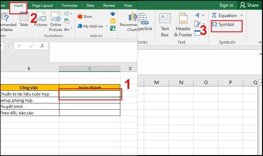 Cách chèn biểu tượng dấu tích trong Excel