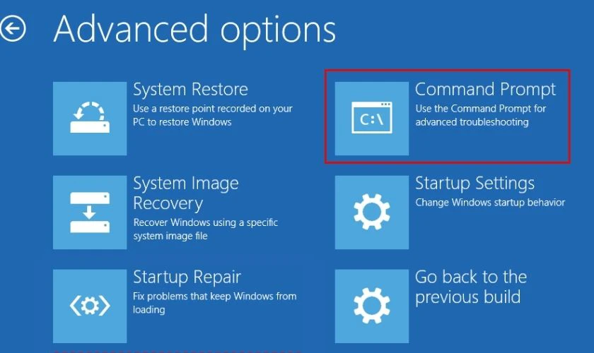 Ở cửa sổ Advanced Options, chọn Command Prompt